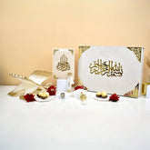 Offwhite Pearl Signature Hamper featuring velvet Quran, premium Rehal, Tasbeehs, resin bookmark, and gourmet chocolates in a designer box